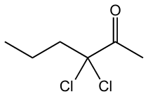 Structural formula of a ketone with a four-carbon chain, a carbonyl group, and two chlorine atoms on the adjacent carbon.