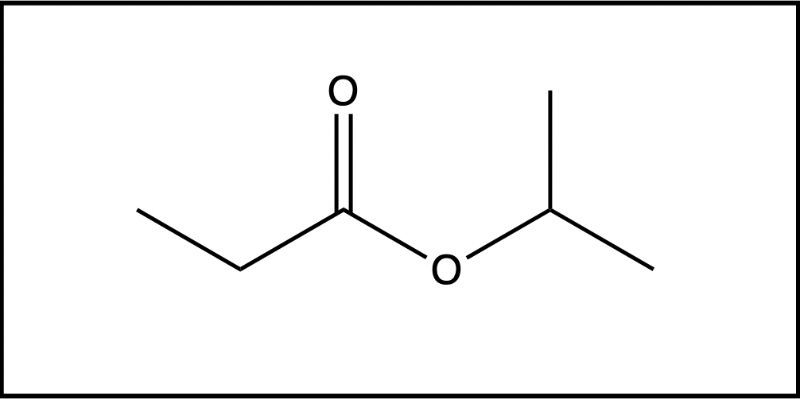 Structure of isobutyl propionate, an ester, showing carbon and oxygen atoms.