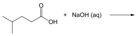 Chemical reaction showing a carboxylic acid reacting with aqueous sodium hydroxide to form a carboxylate anion.