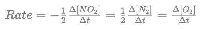 Rate of reaction formula showing concentration changes for NO2, N2, and O2.