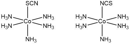 Structural formulas of [Co(NH3)5(SCN)]2+ and [Co(NH3)5(NCS)]2+ for comparison.