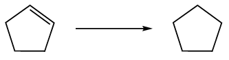 Chemical reaction showing a cyclopentadiene molecule converting to cyclopentane with an arrow indicating the change.