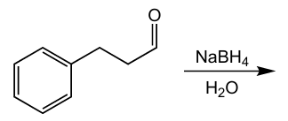 Chemical reaction showing reduction of a benzaldehyde compound with NaBH4 and water to form an alcohol product.