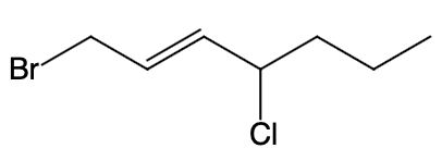 Structure of 1-bromo-4-chloro-2-heptene with bromine and chlorine atoms attached.