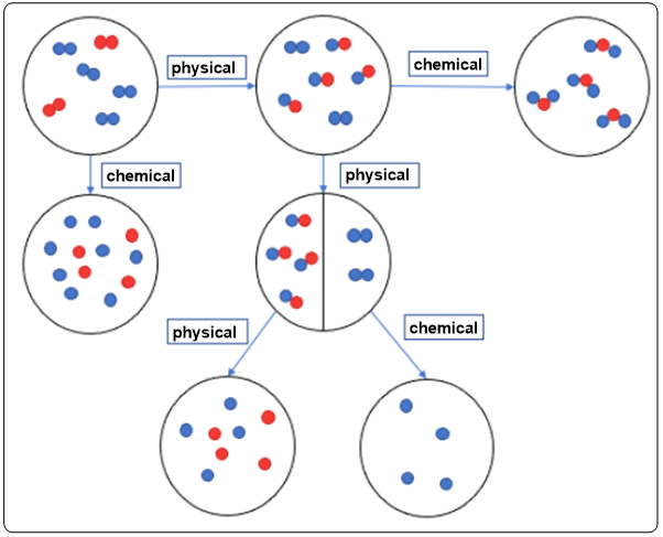 Flowchart labeled with physical and chemical changes for educational purposes.