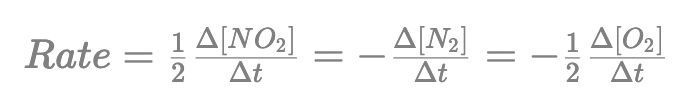 Rate of reaction formula with concentration changes for NO2, N2, and O2.