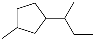 Structural diagram of a cyclic alkane with a five-membered ring and two alkyl side chains attached.