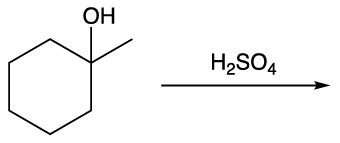 Chemical structure of a cyclohexanol undergoing dehydration with sulfuric acid to form an alkene product.