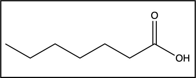 Chemical structure of hexanoic acid featuring a carboxylic acid group.