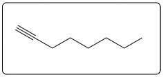 Chemical structure of 1-octyne showing a triple bond at the first carbon.