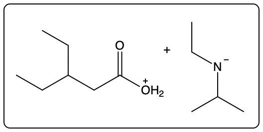 Reaction with protonated carboxylic acid and amine, illustrating a key step in amine reactions.