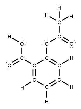 Final Lewis structure of aspirin showing all hydrogens and lone pairs accurately placed.