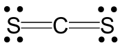 Lewis structure of carbon disulfide (CS2) showing double bonds and lone pairs on sulfur atoms.