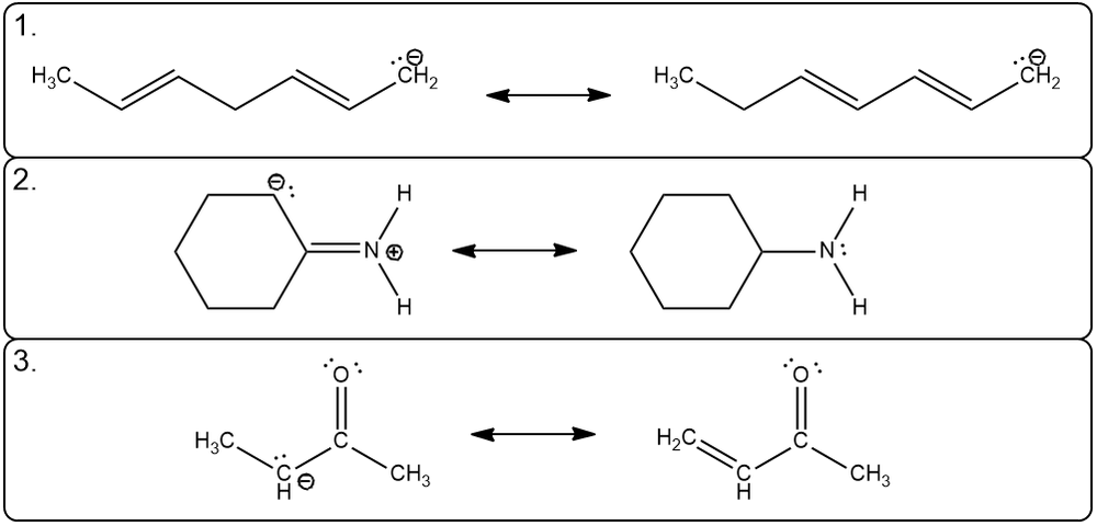 Three resonance structures showing electron distribution in different molecules.