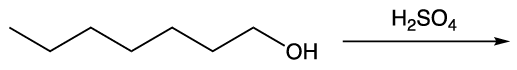 Chemical reaction showing a primary alcohol undergoing dehydration with sulfuric acid to form an alkene product.