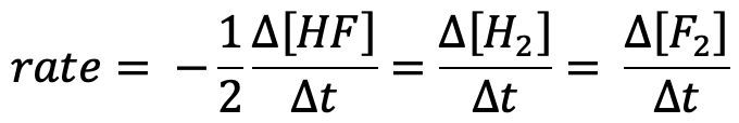 Rate expression for the reaction 2 HF → H2 + F2 in terms of reactants and products.