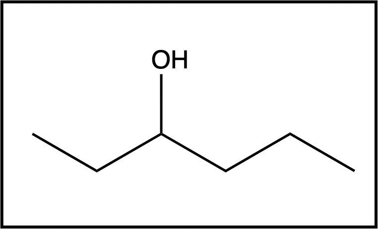 Structure of hexan-3-one showing a hydroxyl group on the third carbon.