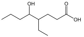 Structural formula of a carboxylic acid with a hydroxy substituent on a carbon chain.