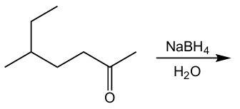 Chemical reaction showing reduction of a ketone to an alcohol using sodium borohydride in water.