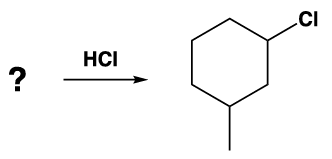 Chemical reaction showing an unknown alcohol reacting with HCl to form a chlorinated cyclohexane compound.