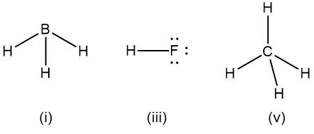 Electron-dot structures for binary hydrides of boron, fluorine, and carbon.