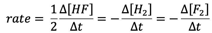 Rate expression for the reaction 2 HF → H2 + F2 indicating the change in concentration over time.