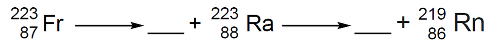 Nuclear reaction showing francium-223 decaying to radium-223 and radon-219 with missing particles to identify.