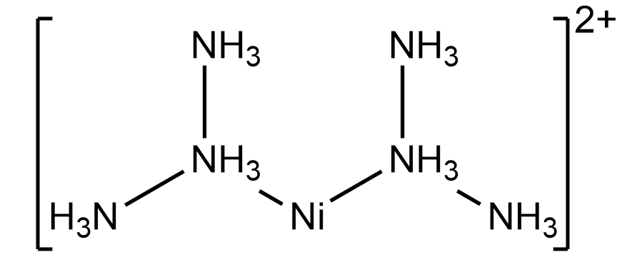 Lewis structure of [Ni(NH3)4]2+ showing nickel coordinated with four NH3 ligands.