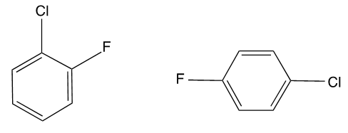 Two benzene rings with chlorine and fluorine atoms positioned differently, prompting comparison of molecular structures.