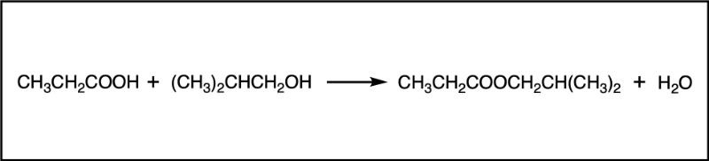 Esterification reaction of carboxylic acid and alcohol producing isobutyl propionate and water.