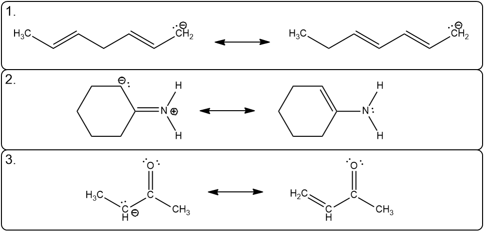 Three resonance structures demonstrating electron delocalization in different compounds.