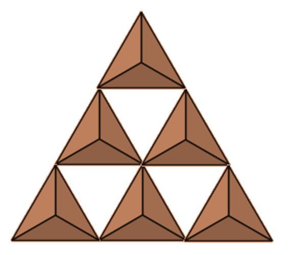 Six tetrahedra arranged in a triangular pyramid formation, illustrating silicate bonding.