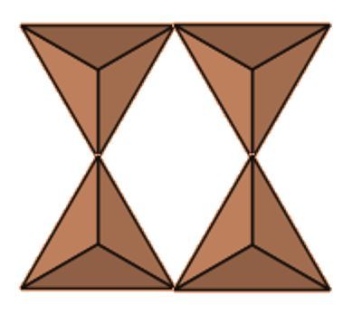 Two sets of tetrahedra arranged in an hourglass shape, representing silicate anion bonding.