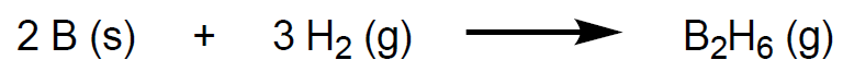 Chemical equation showing the formation of diborane (B2H6) from solid boron and hydrogen gas.