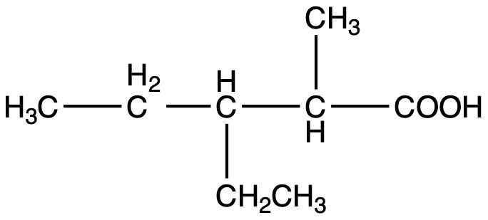 Structural formula of 3-ethyl-2-methylpentanoic acid, an organic carboxylic acid.