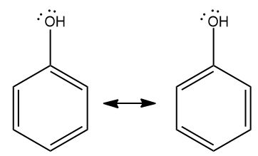 Two resonance structures of C6H5OH highlighting the hydroxyl group and aromatic ring.