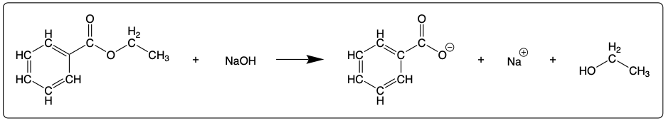 Balanced chemical equation for the hydrolysis of ethyl benzoate with NaOH.