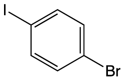 Structural diagram of a benzene ring with iodine and bromine atoms attached at opposite carbon positions.