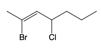 Structure of 1-bromo-4-chloro-2-heptene with bromine and chlorine atoms attached.