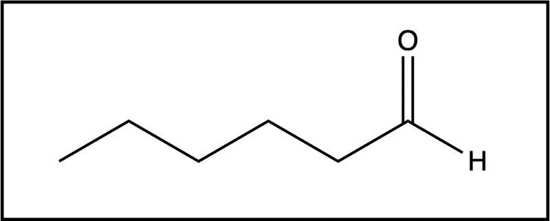 Chemical structure of hexanoic acid with a carboxylic acid functional group.