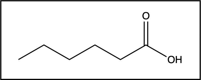 Chemical structure of hexanoic acid showing a carboxylic acid group.