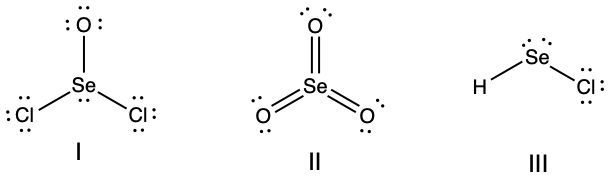 Three molecular structures showing Se atom coordination: I, II, and III for chemistry question.