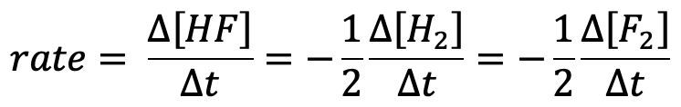 Rate expression for the reaction 2 HF → H2 + F2 detailing the relationship of concentration changes.