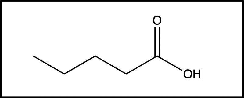 Chemical structure of hexanoic acid with a carboxylic acid functional group.