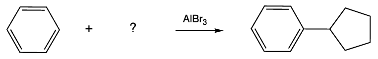 Chemical reaction showing benzene plus an unknown reagent with AlBr3 catalyst forming cyclohexylbenzene.