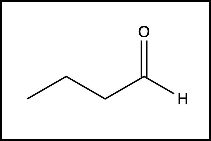 Chemical structure of butanal, an aldehyde, showing its carbon chain and functional group.