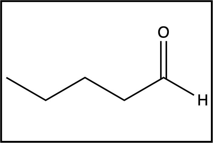 Different view of butanal's structure, emphasizing the carbon backbone and aldehyde functional group.