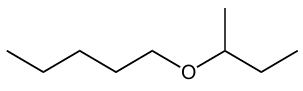 Structural formula of an ether molecule with an oxygen atom connecting two alkyl chains, one branched.
