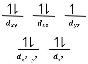 Crystal field energy-level diagram for tetrahedral complex [CoCl4]2− showing unpaired electrons.