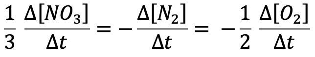 Stoichiometric rate equation for the reaction 2 NO3 → N2 + 3 O2.